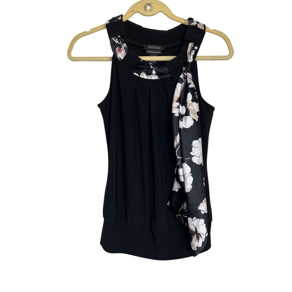 White House Black Market Top Womens Sz XS Black Tank Floral Pleated Tie Neck NWT
